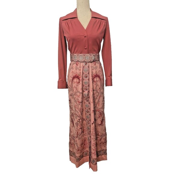 60s Vintage ALFRED SHAHEEN Long Pink Belted Button Maxi Dress